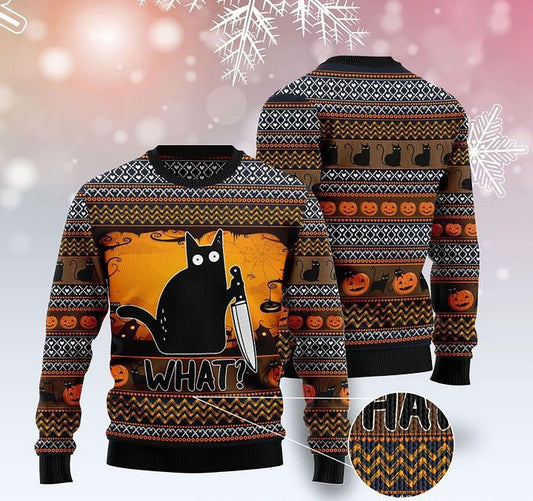 cat what murderous black cat with knife full Sweater, Christmas Ugly Sweater, Christmas Gift, Gift Christmas 2024