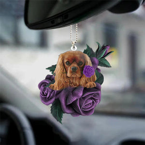 Cavalier King Charles Spaniel In Purple Rose Car Hanging Ornament - Best gifts your whole family