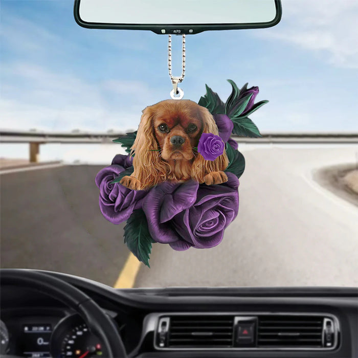 Cavalier King Charles Spaniel In Purple Rose Car Hanging Ornament - Best gifts your whole family