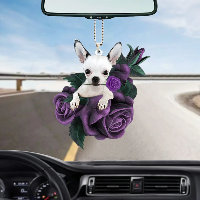 Chihuahua In Purple Rose Car Hanging Ornament, Ornament Gift For New Car - Best gifts your whole family