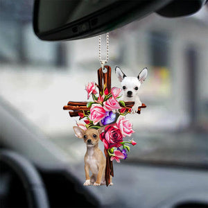 Chihuahua Roses And Jesus Car Hanging Ornament Dog Ornaments For Auto Car Godmerc - Best gifts your whole family