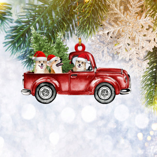 Corgi Red Truck Flat 2D Christmas Ornament, Pet Dog Lover Gifts, Christmas Tree Ornament, Home Decor Plastic Ornament - Best gifts your whole family