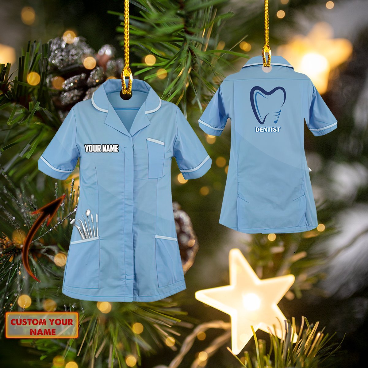 Custom Name Sky Blue Dentist Uniform Car Ornament - Best gifts your whole family