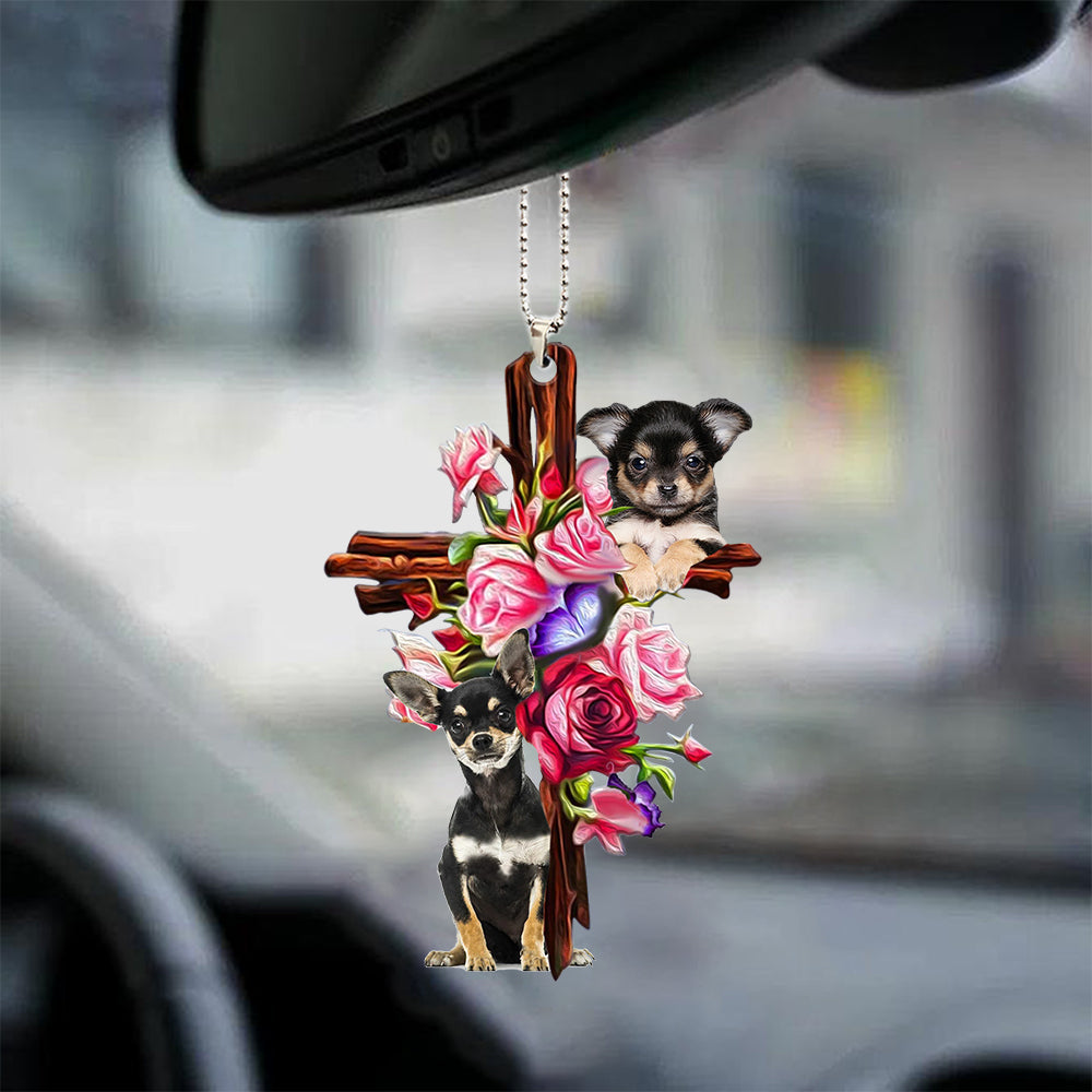 Cute Chihuahua Roses And Jesus Car Hanging Ornament Dog Ornaments For Auto Car Godmerc - Best gifts your whole family