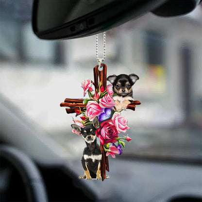 Cute Chihuahua Roses And Jesus Car Hanging Ornament Dog Ornaments For Auto Car Godmerc - Best gifts your whole family