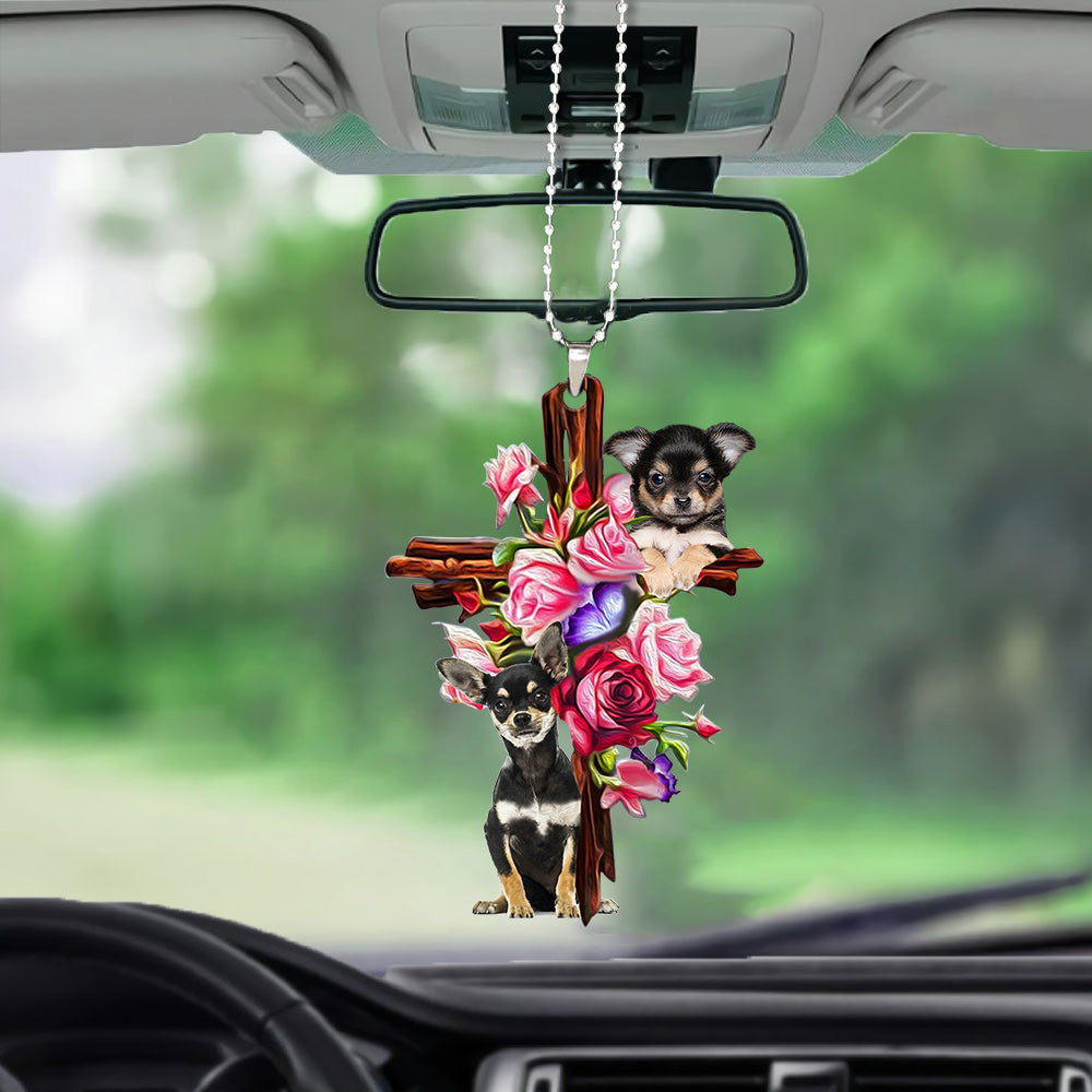 Cute Chihuahua Roses And Jesus Car Hanging Ornament Dog Ornaments For Auto Car Godmerc - Best gifts your whole family