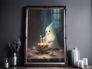 Cute Ghost In A Birthday Party Alone, Ghost Print, Ghost Poster, Spooky Art, Dark Academia, Haunting Ghost, Halloween Decor - Best gifts your whole family