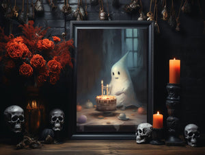 Cute Ghost In A Birthday Party Alone, Ghost Print, Ghost Poster, Spooky Art, Dark Academia, Haunting Ghost, Halloween Decor - Best gifts your whole family