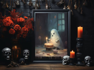 Cute Ghost With A Cake In A Birthday Party Alone, Ghost Print, Ghost Poster, Spooky Art, Dark Academia, Haunting Ghost, Halloween Decor - Best gifts your whole family