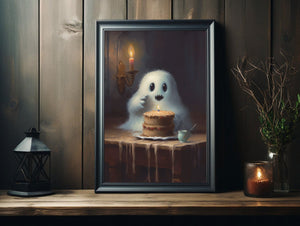 Cute Ghost With A Cake Poster, Ghost Print, Ghost Poster, Spooky Art, Dark Academia, Haunting Ghost, Halloween Decor - Best gifts your whole family