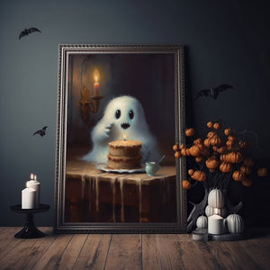 Cute Ghost With A Cake Poster, Ghost Print, Ghost Poster, Spooky Art, Dark Academia, Haunting Ghost, Halloween Decor - Best gifts your whole family