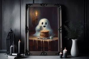 Cute Ghost With A Cake Poster, Ghost Print, Ghost Poster, Spooky Art, Dark Academia, Haunting Ghost, Halloween Decor - Best gifts your whole family