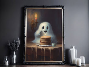 Cute Ghost With A Cake Poster, Ghost Print, Ghost Poster, Spooky Art, Dark Academia, Haunting Ghost, Halloween Decor - Best gifts your whole family