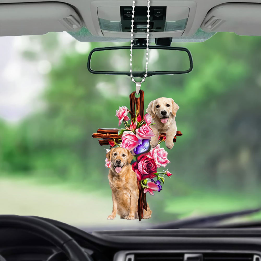 Cute Golden Retriever Roses And Jesus Car Hanging Ornament Dog Ornaments For Auto Car Godmerc - Best gifts your whole family