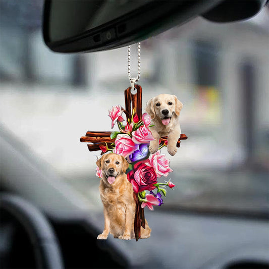 Cute Golden Retriever Roses And Jesus Car Hanging Ornament Dog Ornaments For Auto Car Godmerc - Best gifts your whole family