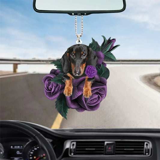 Dachshund In Purple Rose Car Hanging Ornament, Pet Hanging Ornament For His Car - Best gifts your whole family