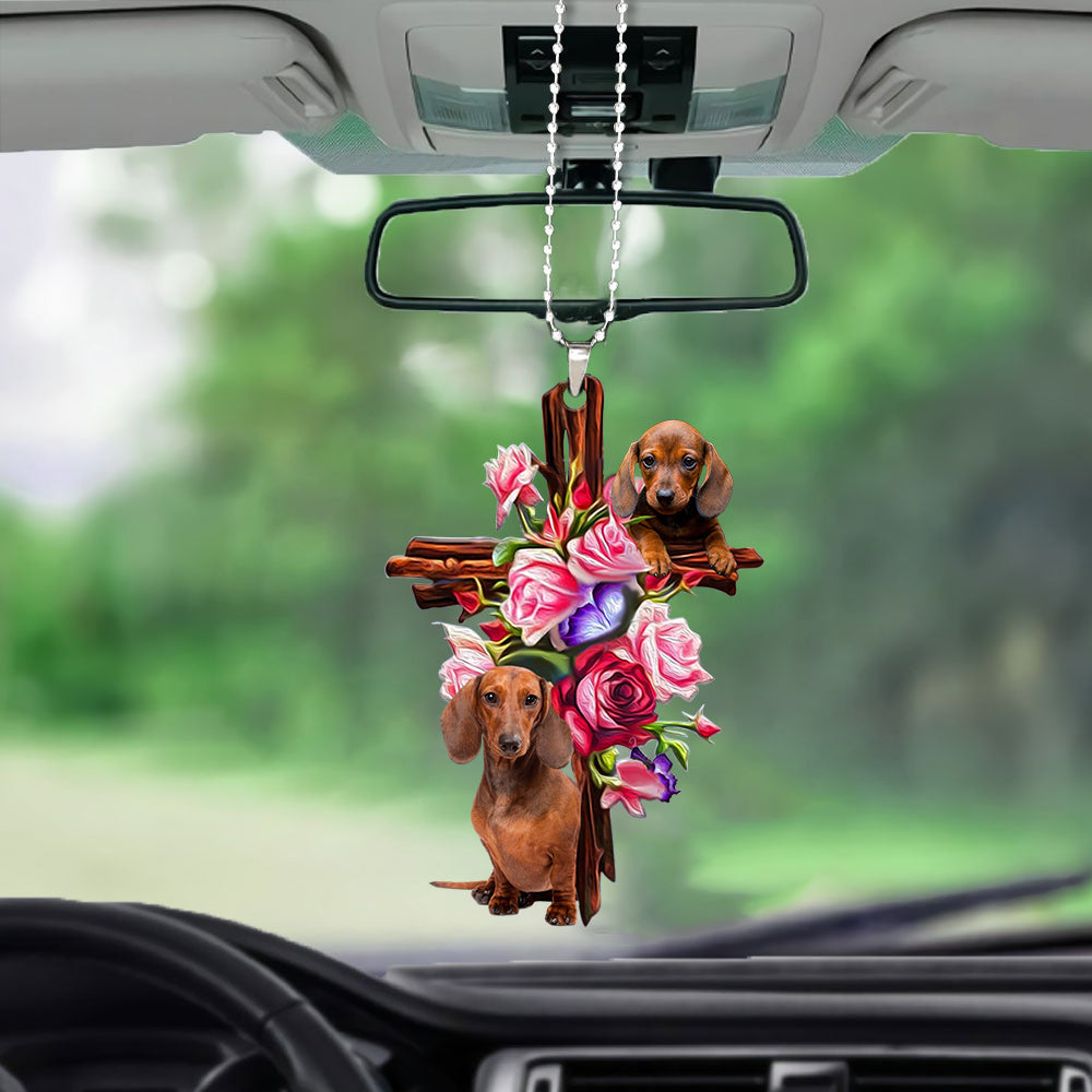 Dachshund Roses And Jesus Car Hanging Ornament Dog Ornaments For Auto Car Godmerc - Best gifts your whole family
