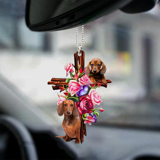 Dachshund Roses And Jesus Car Hanging Ornament Dog Ornaments For Auto Car Godmerc - Best gifts your whole family