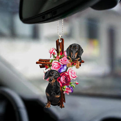 Dachshund Roses And Jesus Car Ornament Dog Hanging Ornaments For Auto Car Godmerc - Best gifts your whole family