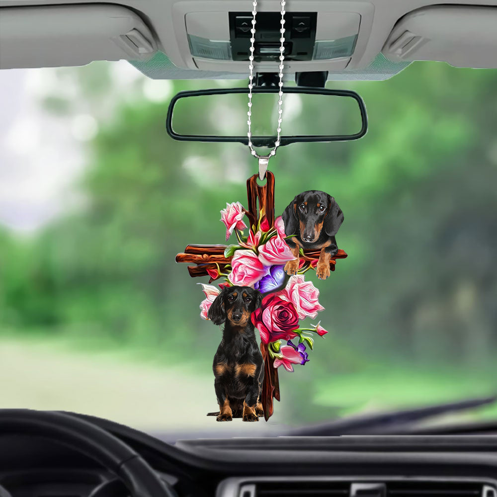 Dachshund Roses And Jesus Hanging Ornament Car Dog Ornaments For Auto Car Godmerc - Best gifts your whole family