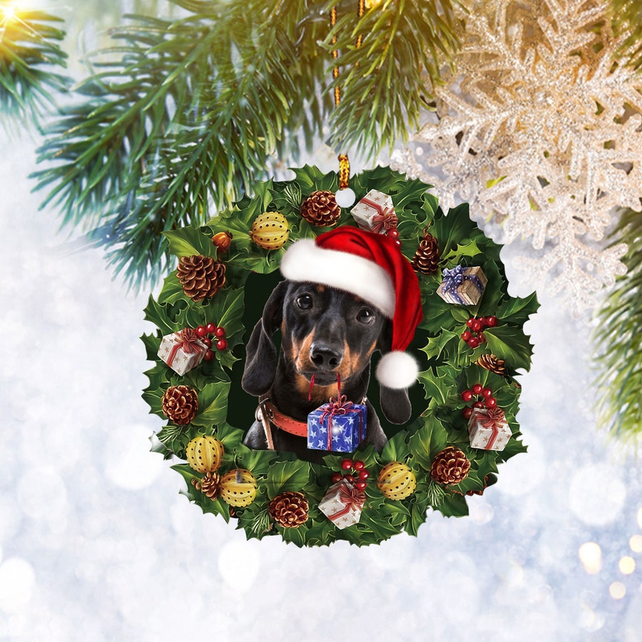 Dachshund Weiner Doxie Dog Lover Christmas Wreath Ornament, Christmas Tree Ornament Gifts, Home Decor Plastic Ornament - Best gifts your whole family