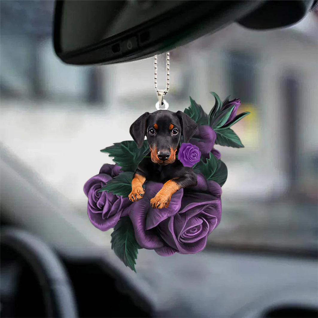 Doberman In Purple Rose Car Hanging Ornament - Best gifts your whole family