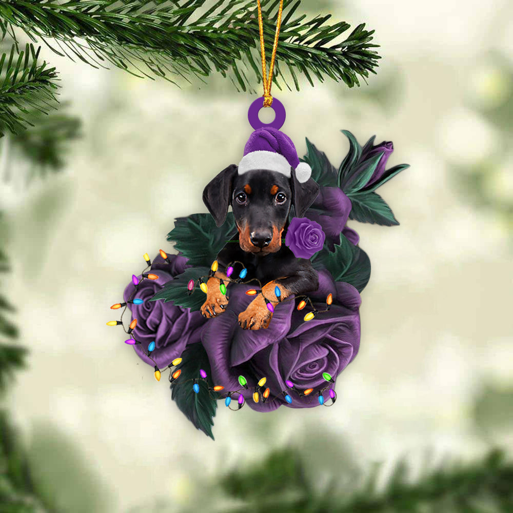Doberman In Purple Rose Christmas Ornament Dog Hanging Ornament For Christmas - Best gifts your whole family
