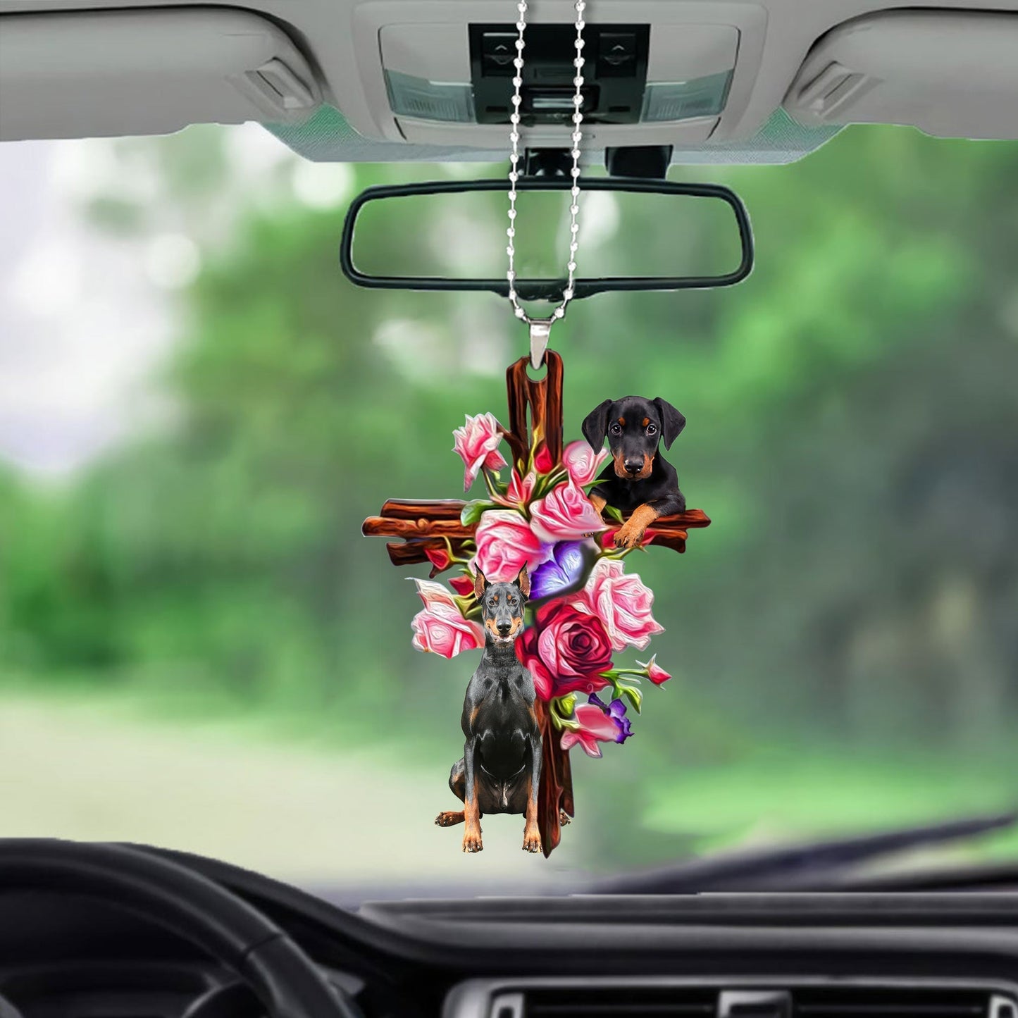 Doberman Roses And Jesus Car Hanging Ornament Dog Ornaments Godmerc - Best gifts your whole family