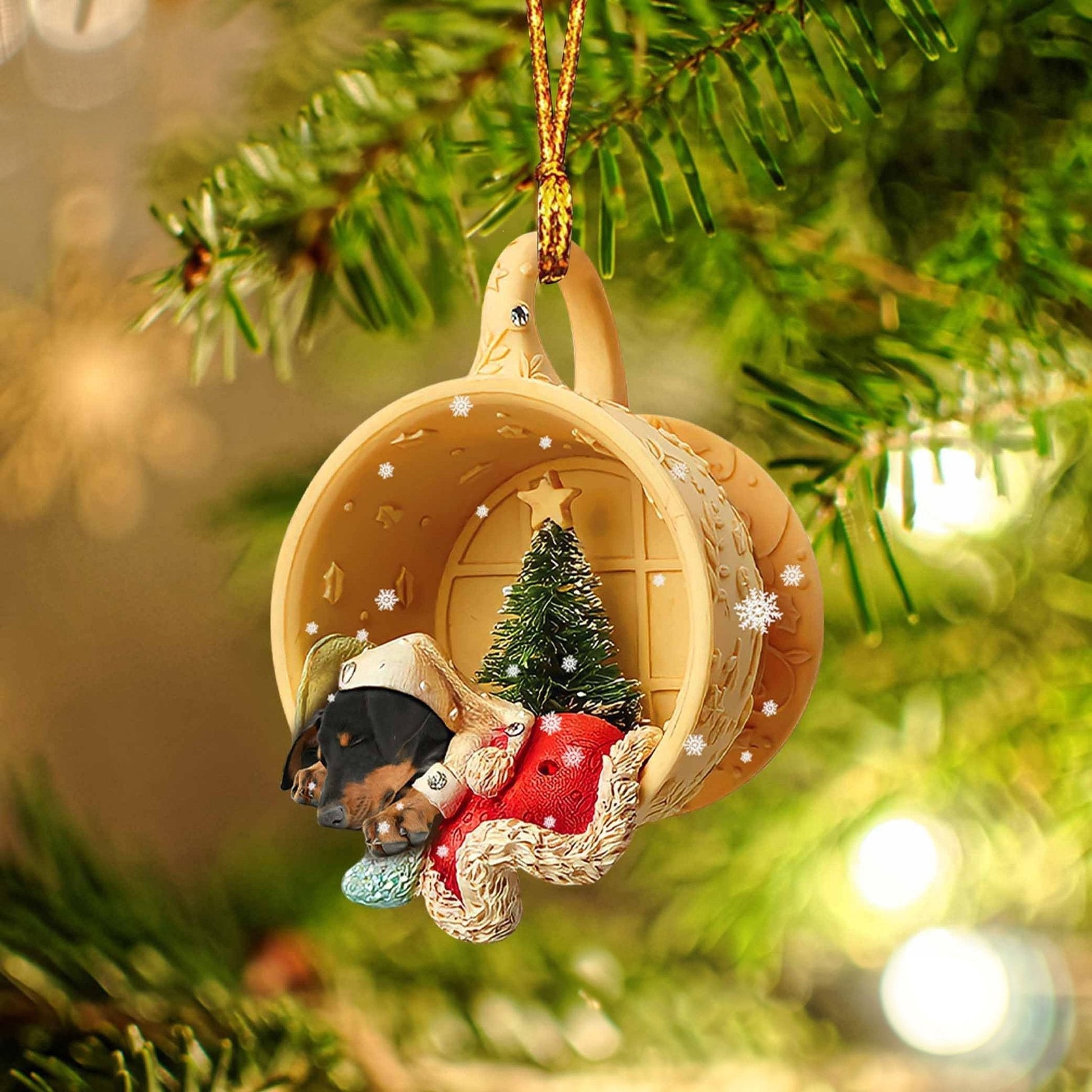 Dobermann Sleeping in a tiny cup Christmas Holiday-Two Sided Ornament, Christmas Ornament, Car Ornament - Best gifts your whole family