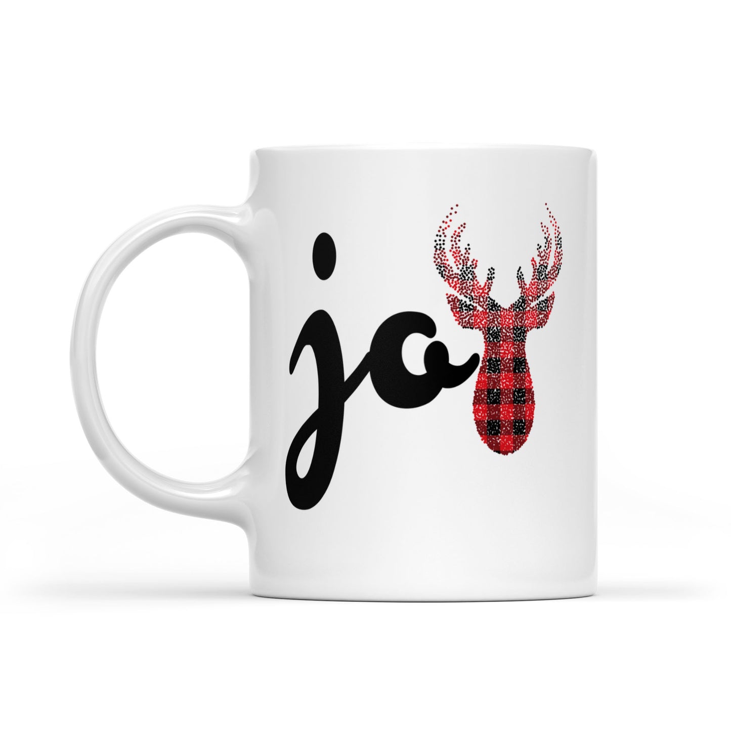 Joy - Roter Büffelkarierter Weihnachts-Rentier-Familiengeschenk, weiße Tasse, Geschenk für Weihnachten