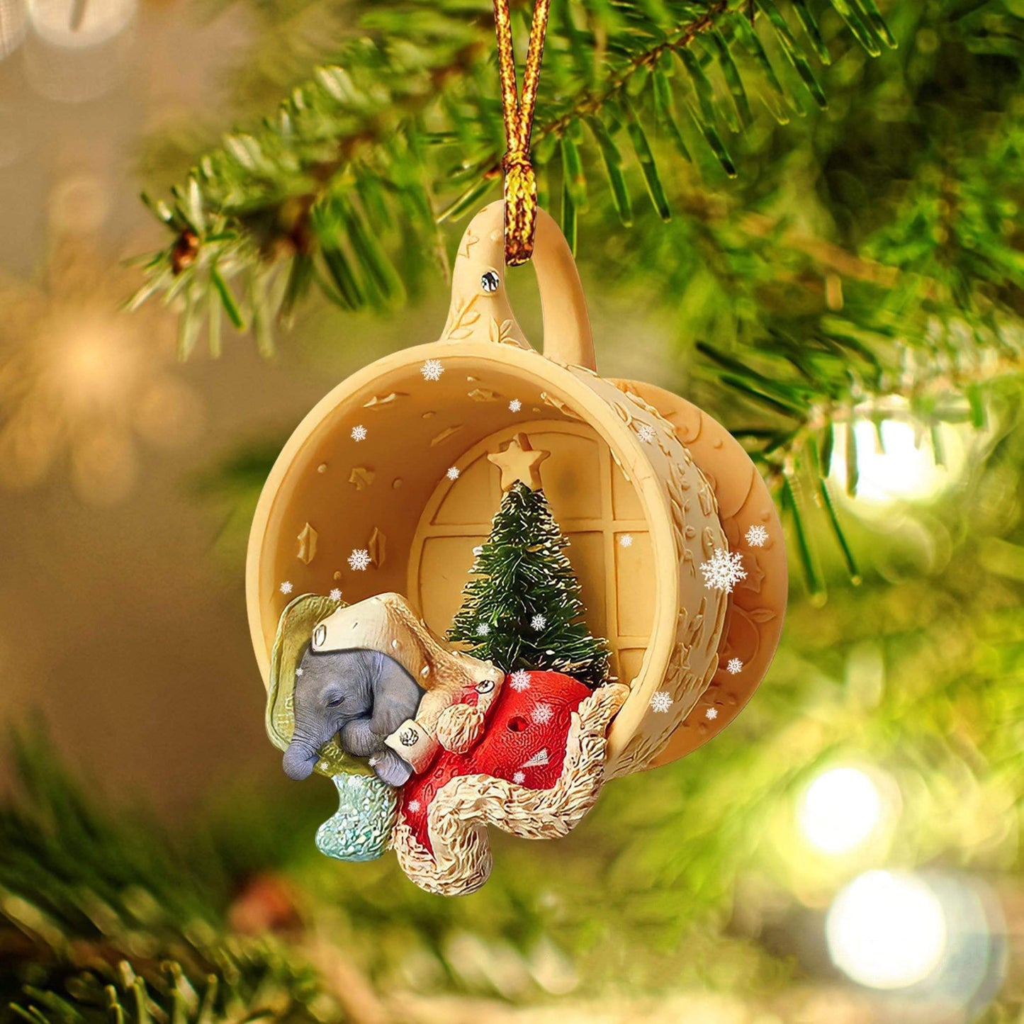 Elephant Sleeping in a tiny cup Christmas Holiday - One Sided Ornament, Car Ornament, Christmas Ornament - Best gifts your whole family