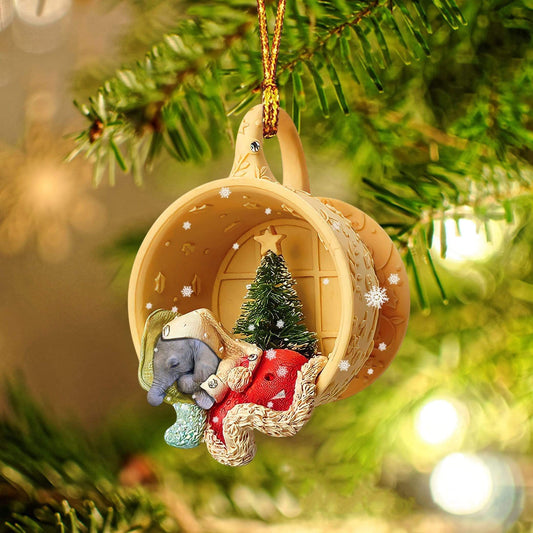 Elephant Sleeping in a tiny cup Christmas Holiday - One Sided Ornament, Car Ornament, Christmas Ornament - Best gifts your whole family