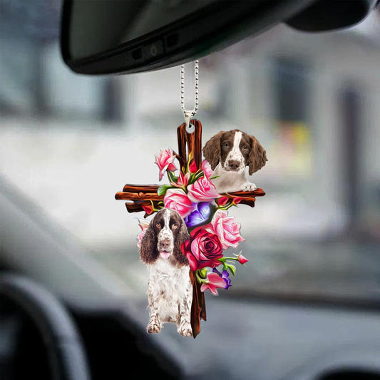 English Springer Spaniel Roses And Jesus Car Hanging Ornament Dog Ornaments For Auto Car Godmerc - Best gifts your whole family