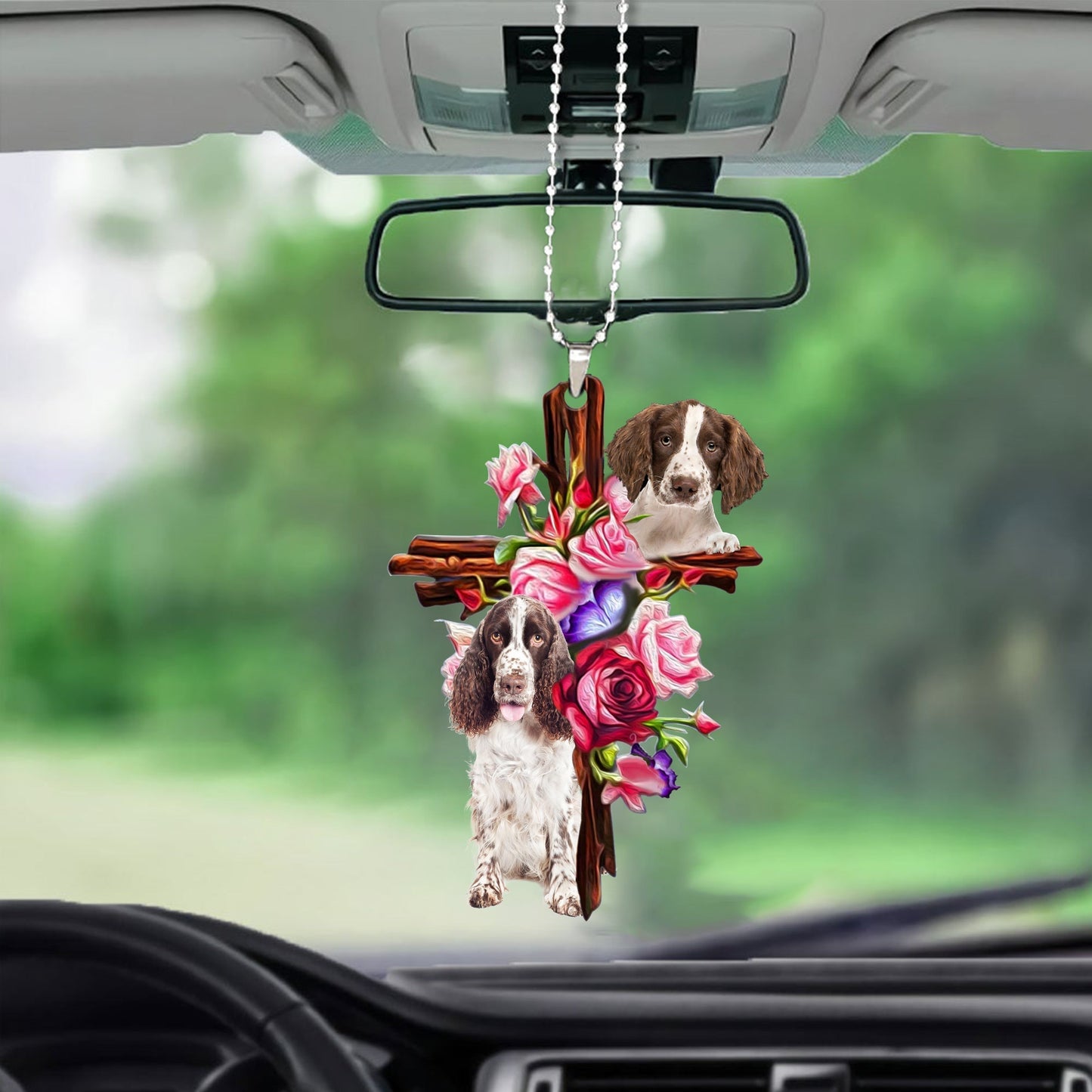 English Springer Spaniel Roses And Jesus Car Hanging Ornament Dog Ornaments For Auto Car Godmerc - Best gifts your whole family