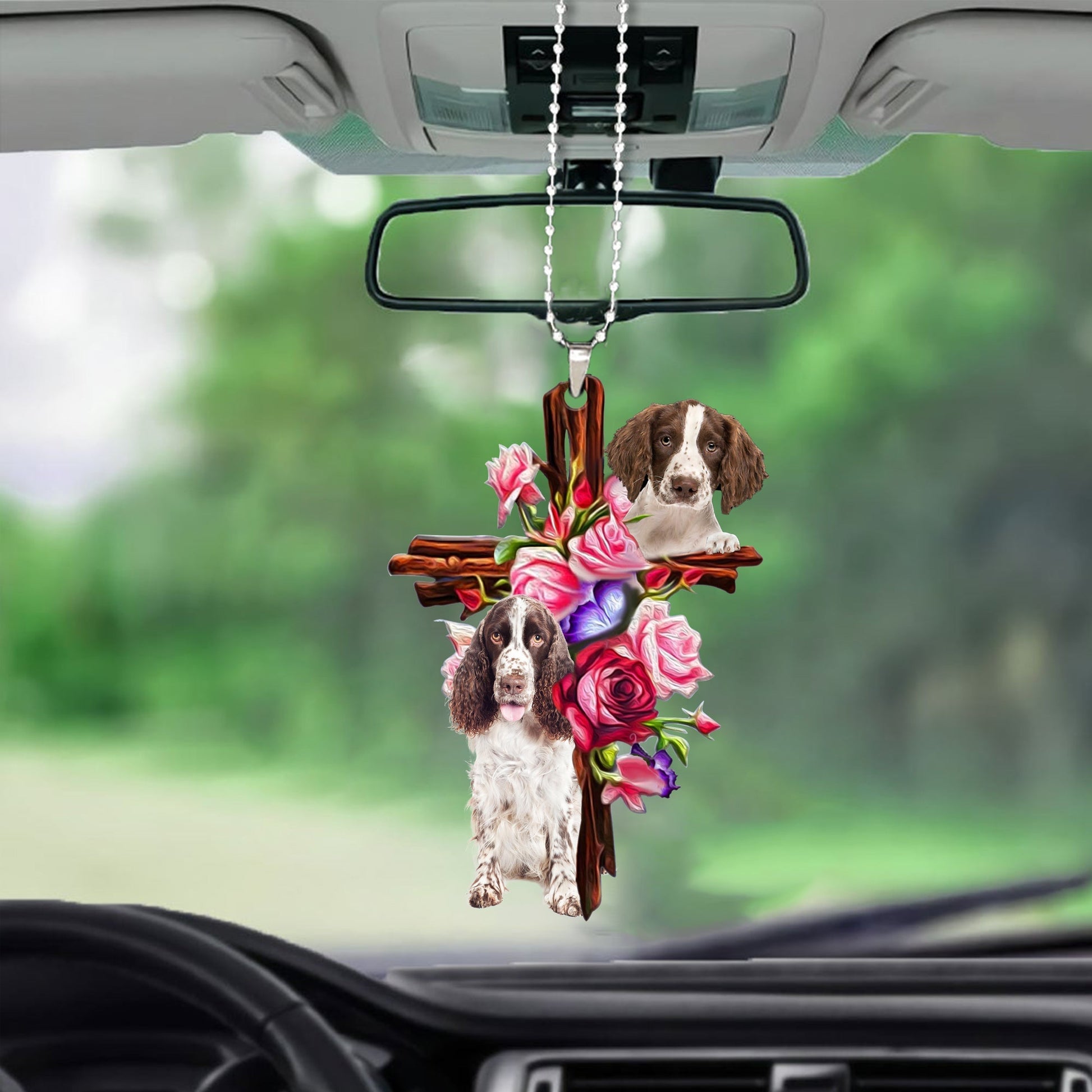 English Springer Spaniel Roses And Jesus Car Hanging Ornament Dog Ornaments For Auto Car Godmerc - Best gifts your whole family
