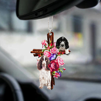 English Springer Spaniel Roses And Jesus Car Hanging Ornament Dog Ornaments Godmerc - Best gifts your whole family