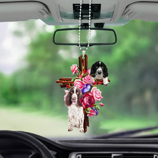 English Springer Spaniel Roses And Jesus Car Hanging Ornament Dog Ornaments Godmerc - Best gifts your whole family