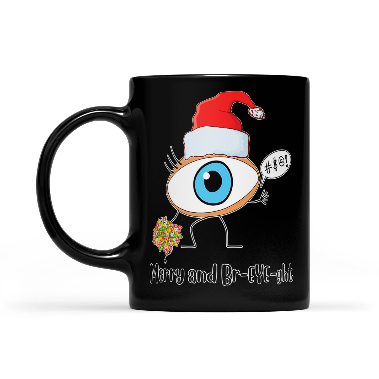Merry And Br-Eye-ght Riesiger Augapfel „Merry And Bright Xmas“ Schwarze Tasse, Geschenk für Weihnachten