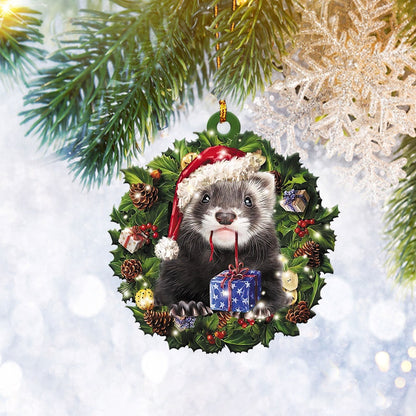 Ferret Christmas Wreath Flat 2D Ornament, Animal Lover Gifts, Christmas Tree Ornament, Home Decor Plastic Ornament - Best gifts your whole family