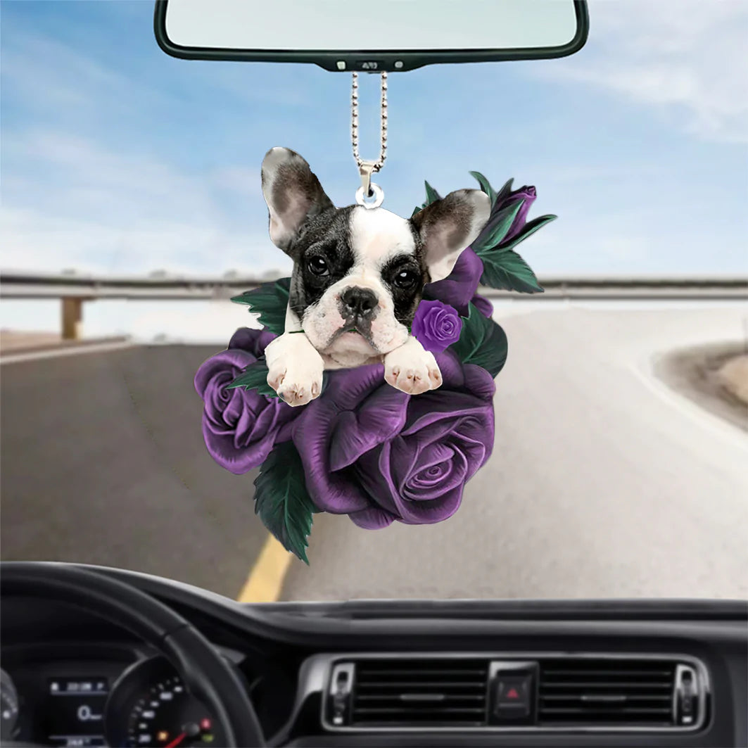 French Bulldog In Purple Rose Car Hanging Ornament, Dog Car Hanging Ornaments - Best gifts your whole family