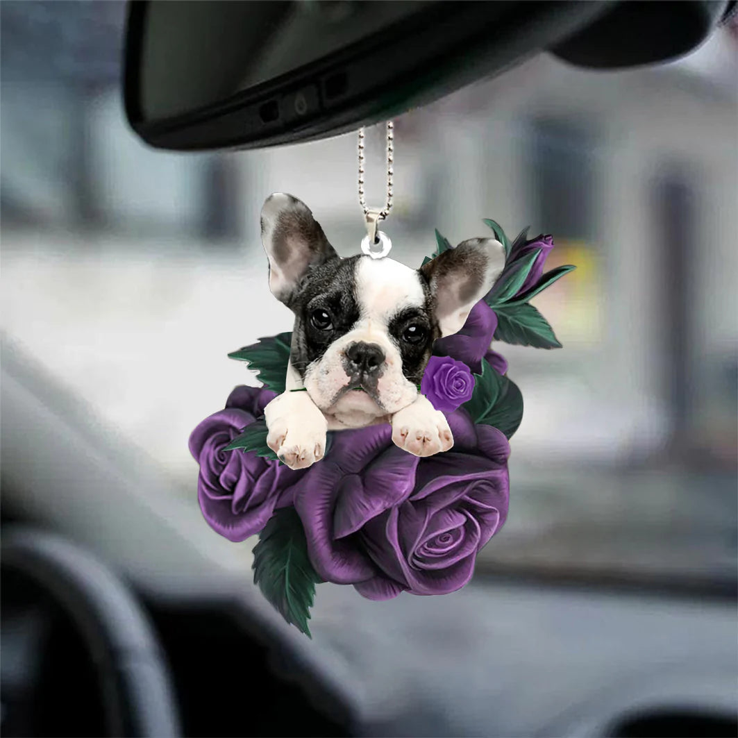 French Bulldog In Purple Rose Car Hanging Ornament, Dog Car Hanging Ornaments - Best gifts your whole family