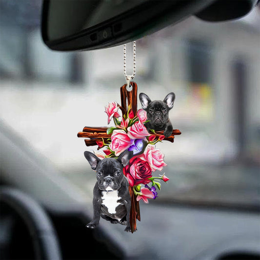 French Bulldog Roses And Jesus Car Hanging Ornament Dog Ornament Godmerc - Best gifts your whole family
