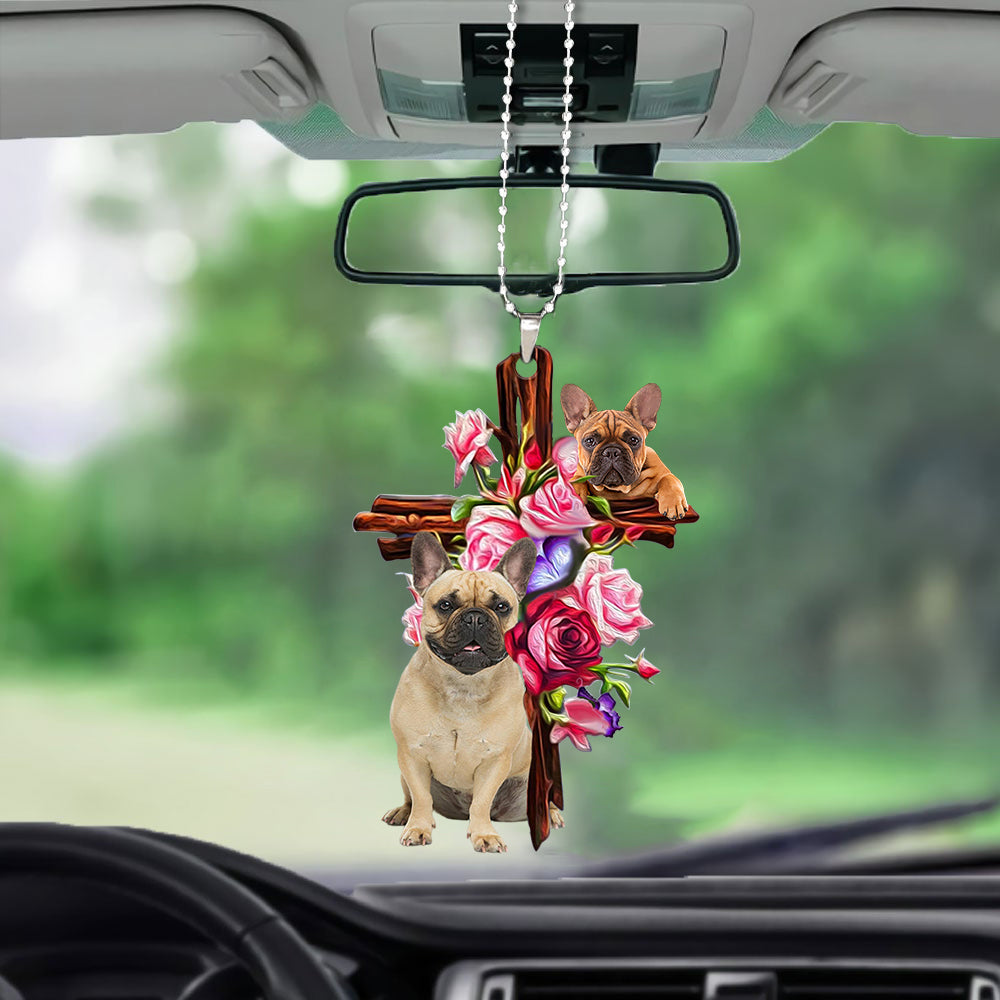 French Bulldog Roses And Jesus Car Hanging Ornament Dog Ornaments Auto Car Godmerc - Best gifts your whole family