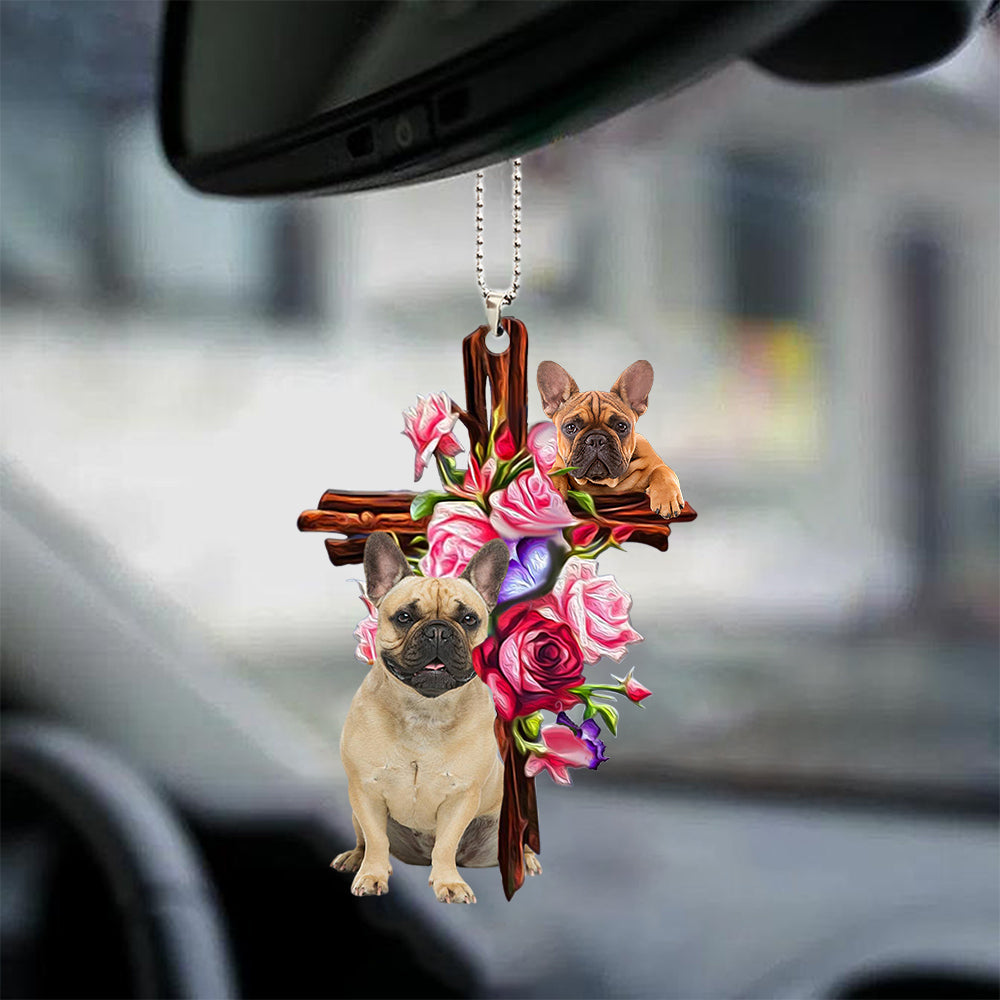 French Bulldog Roses And Jesus Car Hanging Ornament Dog Ornaments Auto Car Godmerc - Best gifts your whole family