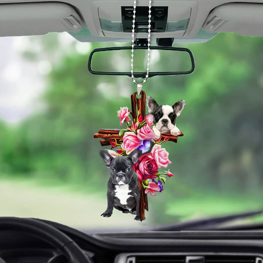 French Bulldog Roses And Jesus Car Hanging Ornament Dog Ornaments For Auto Car Godmerc - Best gifts your whole family