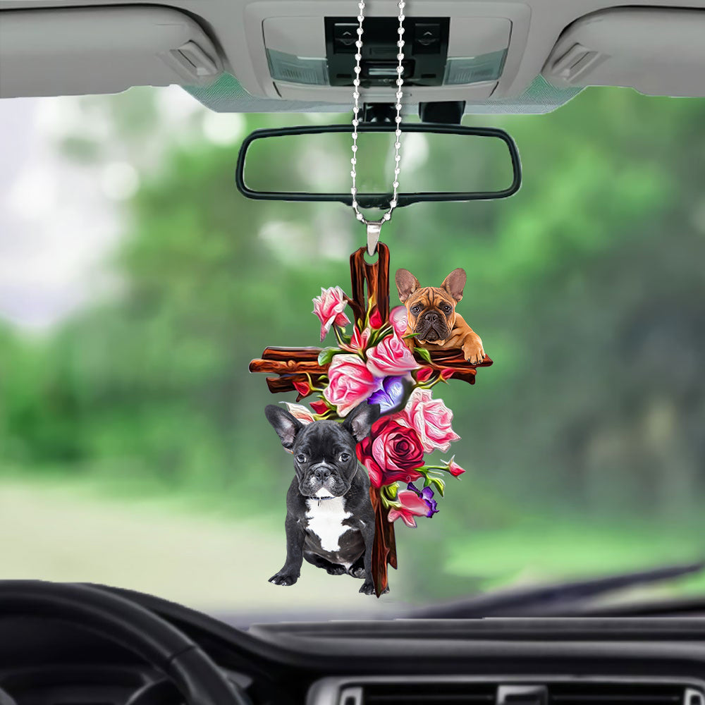 French Bulldog Roses And Jesus Car Hanging Ornament Dog Ornaments For Auto Godmerc - Best gifts your whole family