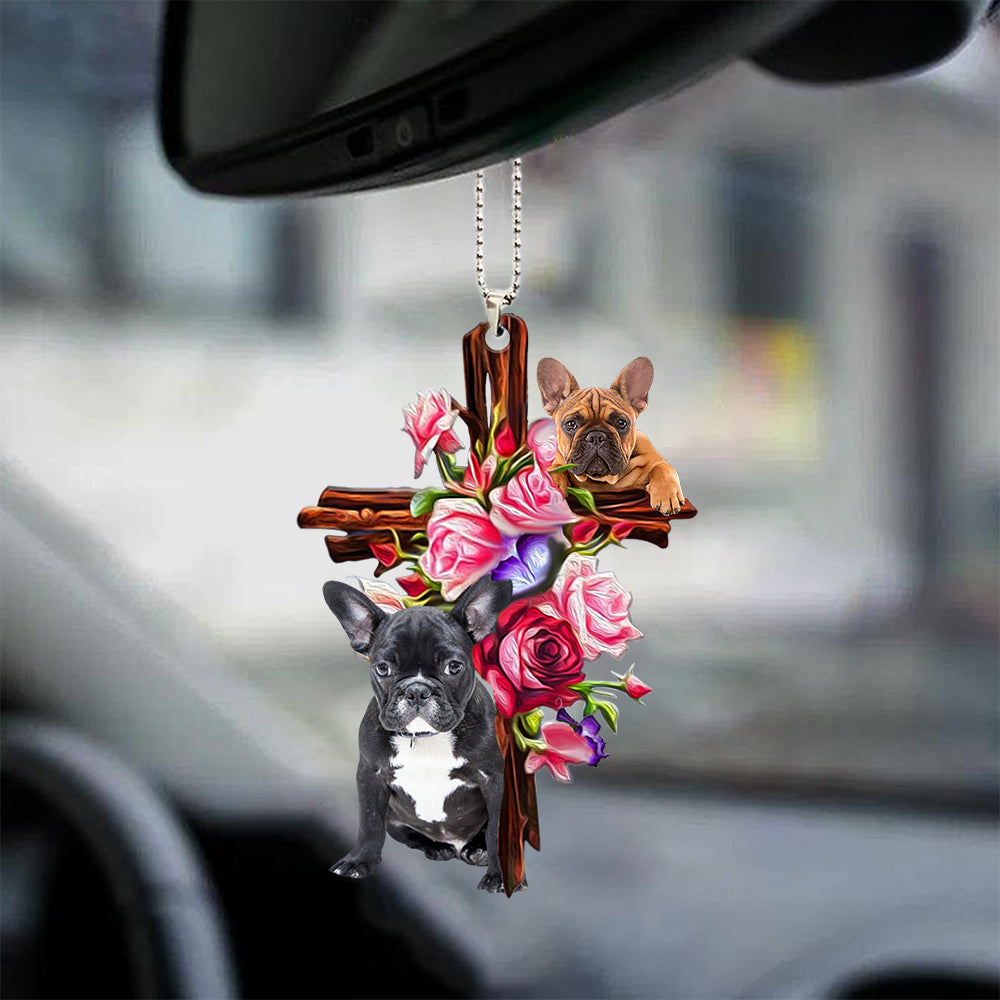 French Bulldog Roses And Jesus Car Hanging Ornament Dog Ornaments For Auto Godmerc - Best gifts your whole family