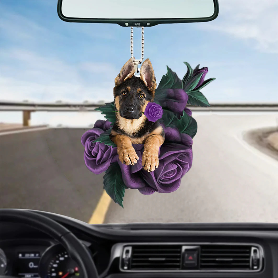 German Shepherd In Purple Rose Car Hanging Ornament - Best gifts your whole family
