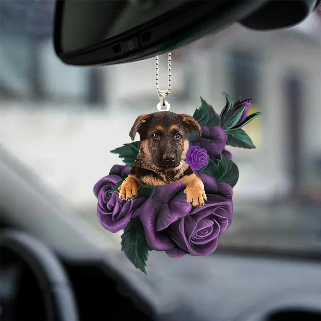 German Shepherd In Purple Rose Car Hanging Ornament, Hanging Mirror Car Ornament - Best gifts your whole family