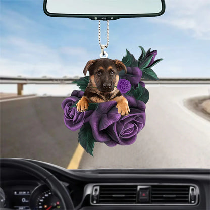 German Shepherd In Purple Rose Car Hanging Ornament, Hanging Mirror Car Ornament - Best gifts your whole family